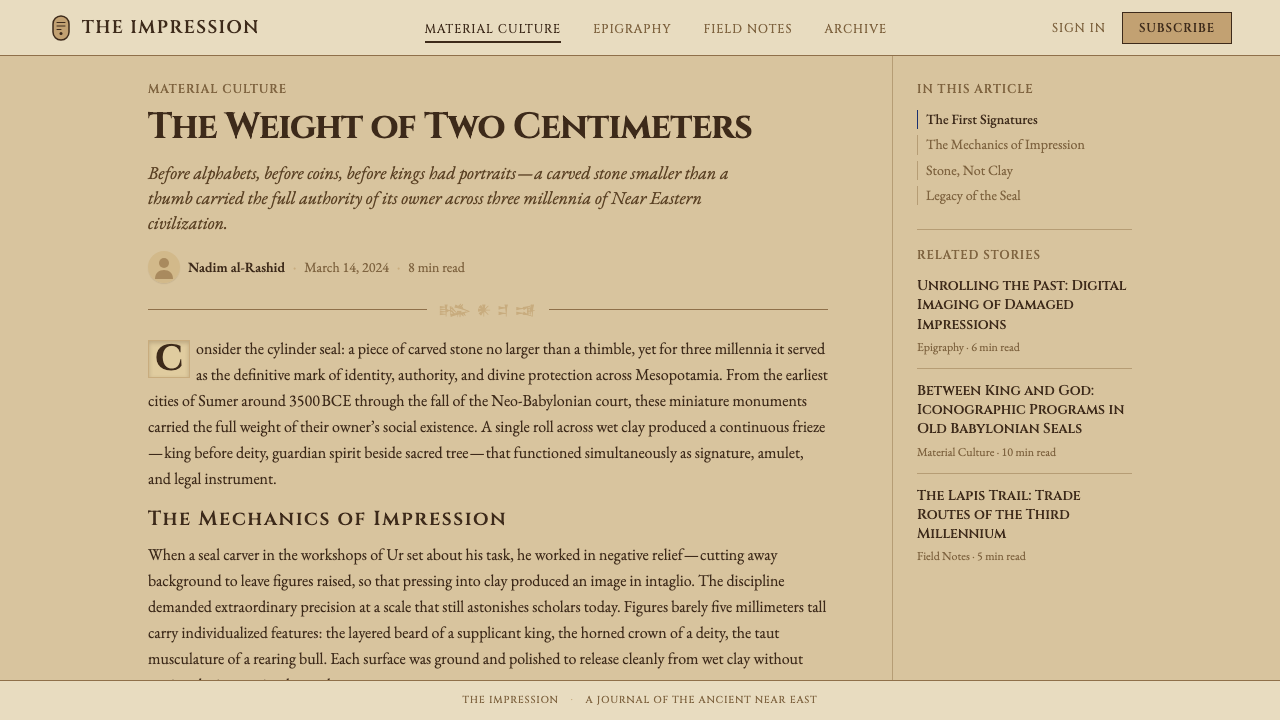Sumerian Cylinder Seal design style applied to a Article page