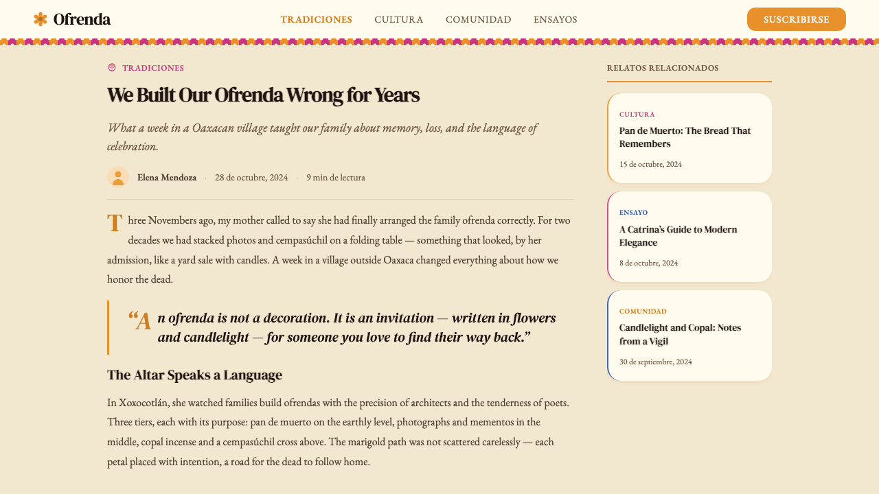 Día de los Muertos design style applied to a Article page