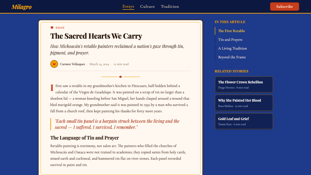 Mexican Folk Art (Frida-era) design style applied to a Article page