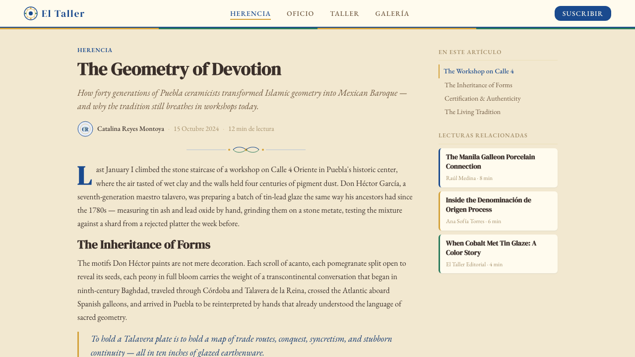 Talavera Poblana Ceramic design style applied to a Article page