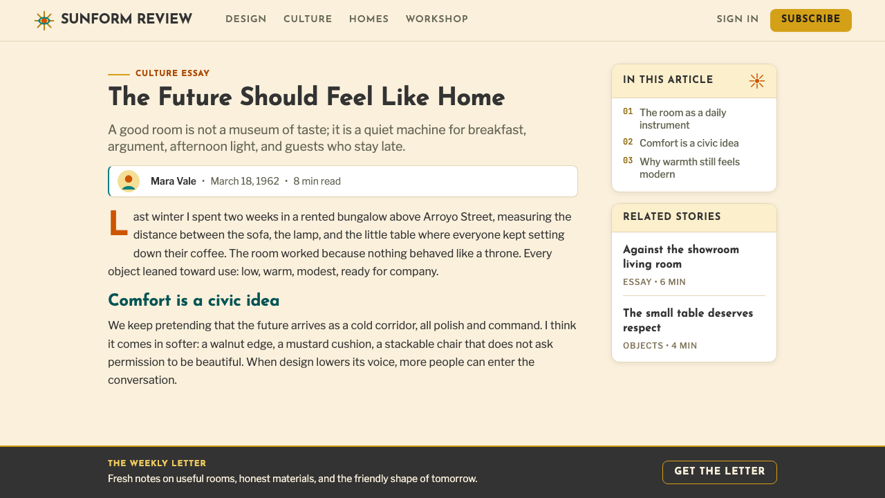 Mid-Century Modern (Eames) design style applied to a Article page