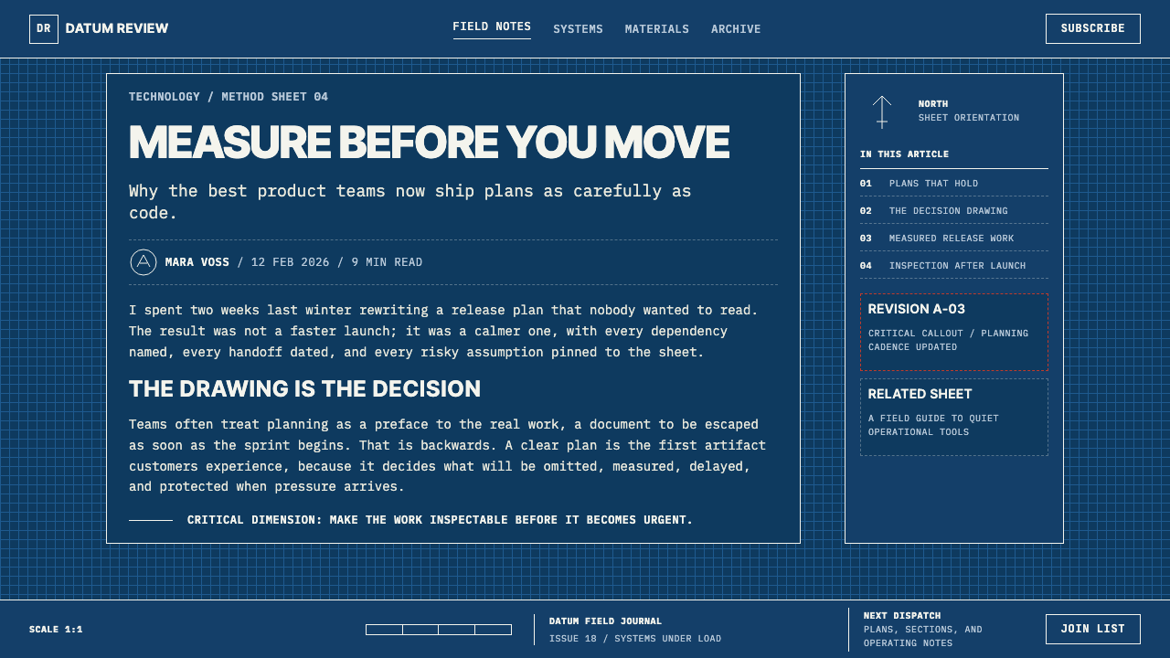 Architectural Blueprint design style applied to a Article page
