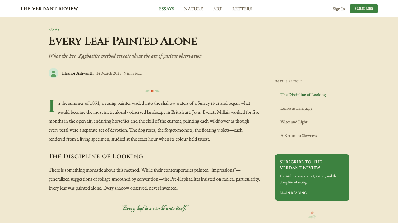 Millais — Ophelia / Wildflower Pre-Raph design style applied to a Article page