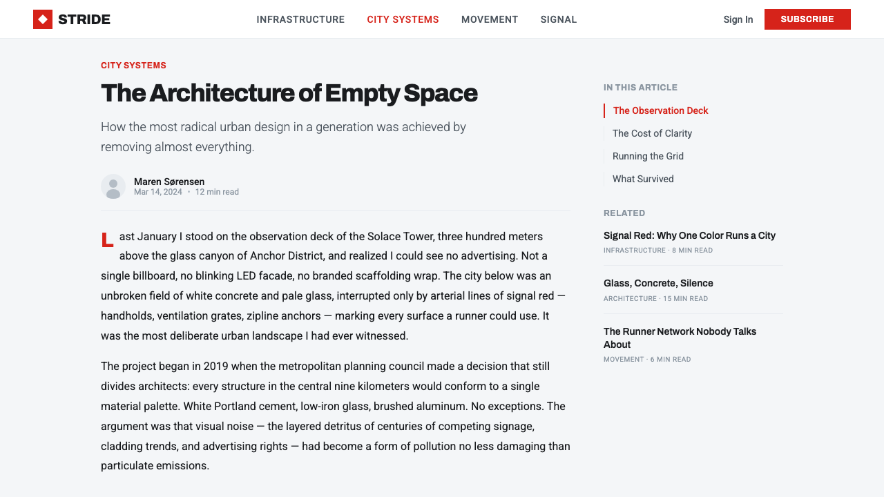 Mirror's Edge Clean City design style applied to a Article page