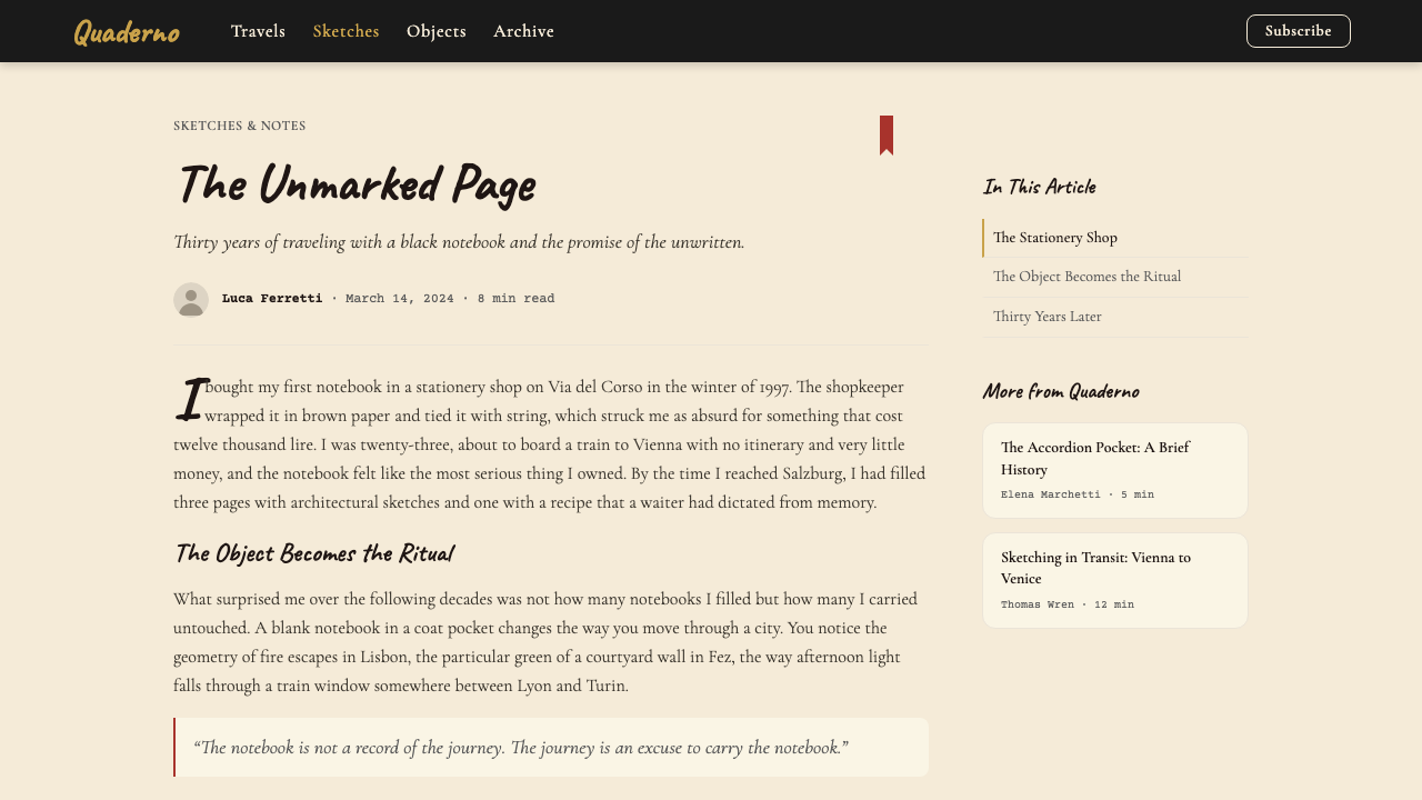 Moleskine Sketchbook (1997) design style applied to a Article page