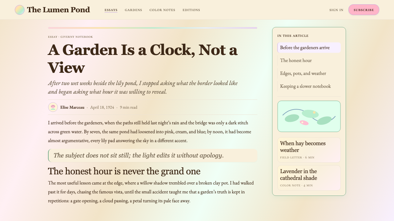 Claude Monet Impressionist design style applied to a Article page
