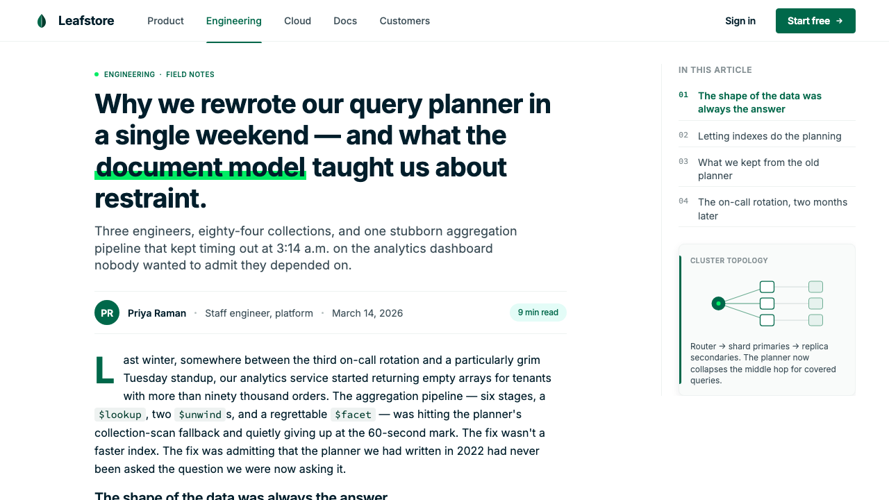 MongoDB Leaf Green design style applied to a Article page