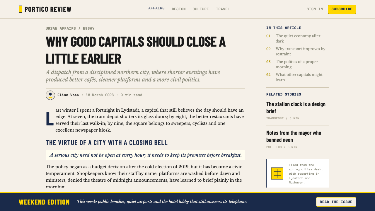 Monocle Magazine design style applied to a Article page