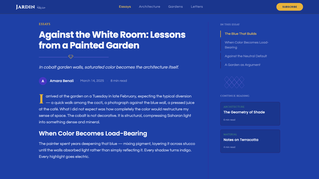 Jardin Majorelle Blue design style applied to a Article page