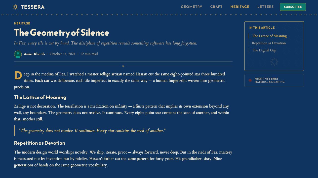 Moroccan Zellige Tile design style applied to a Article page