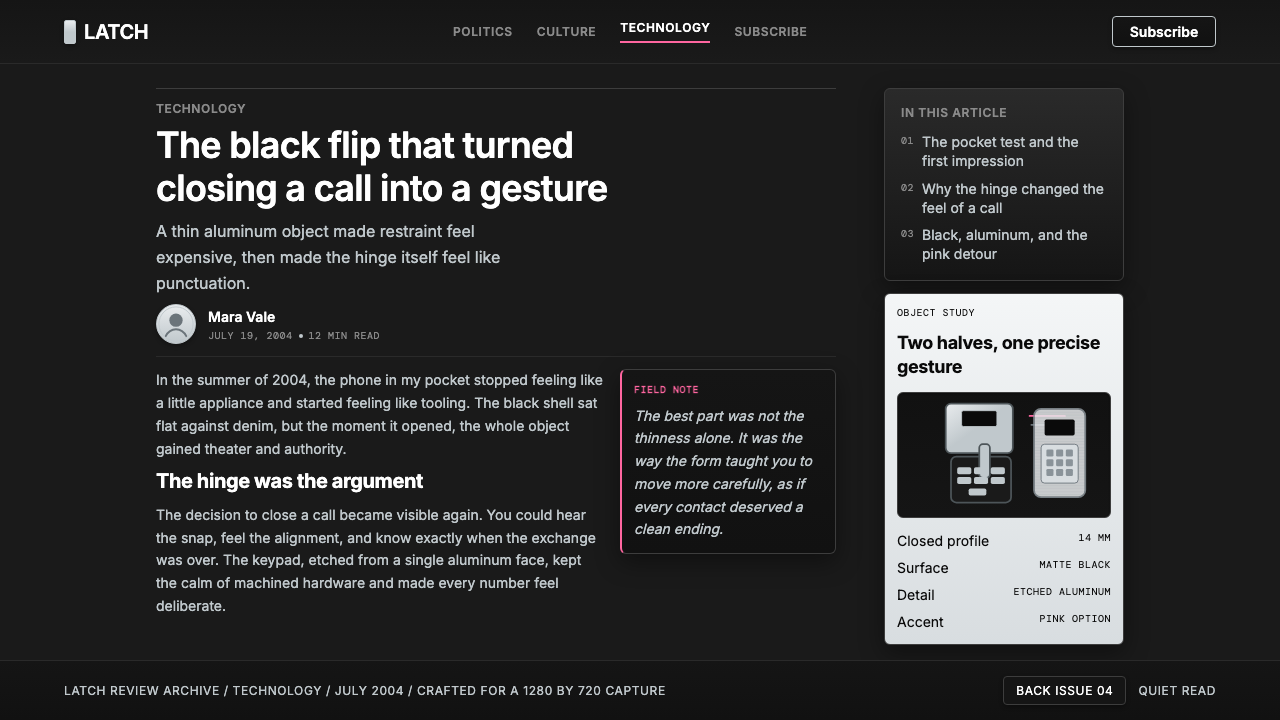 Motorola RAZR Flip (2004) design style applied to a Article page