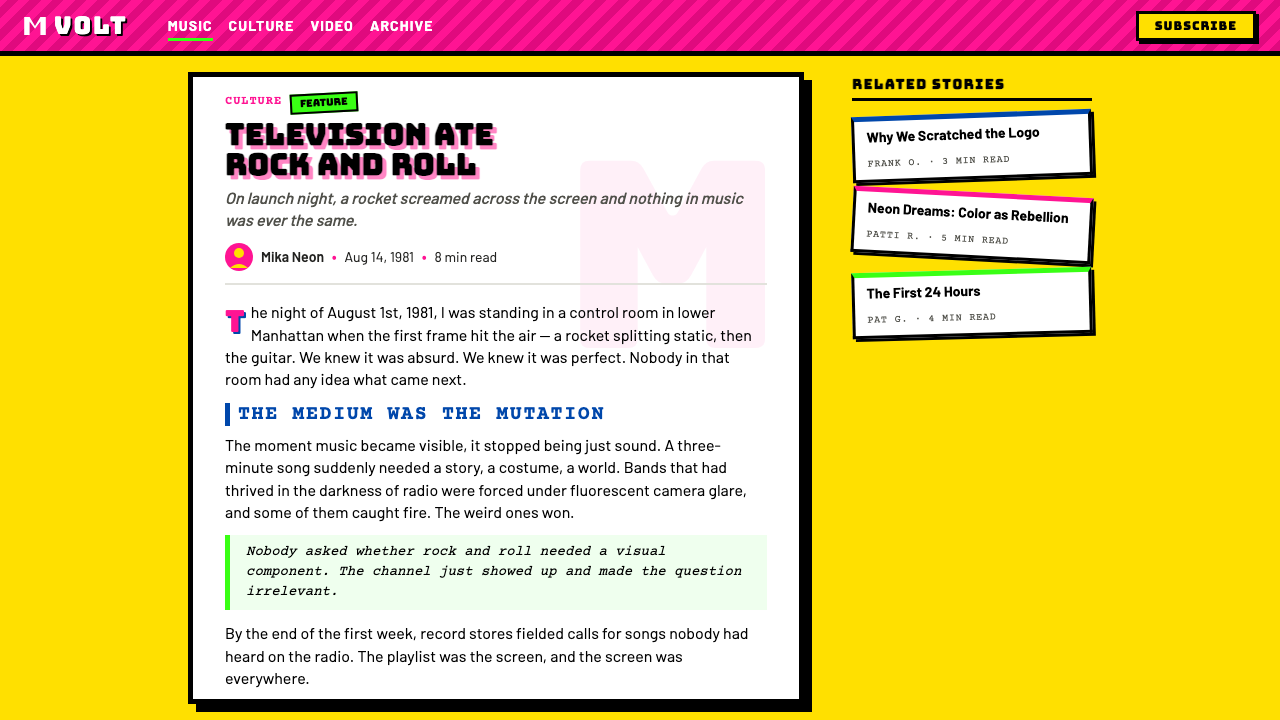 MTV Launch Identity (1981) design style applied to a Article page