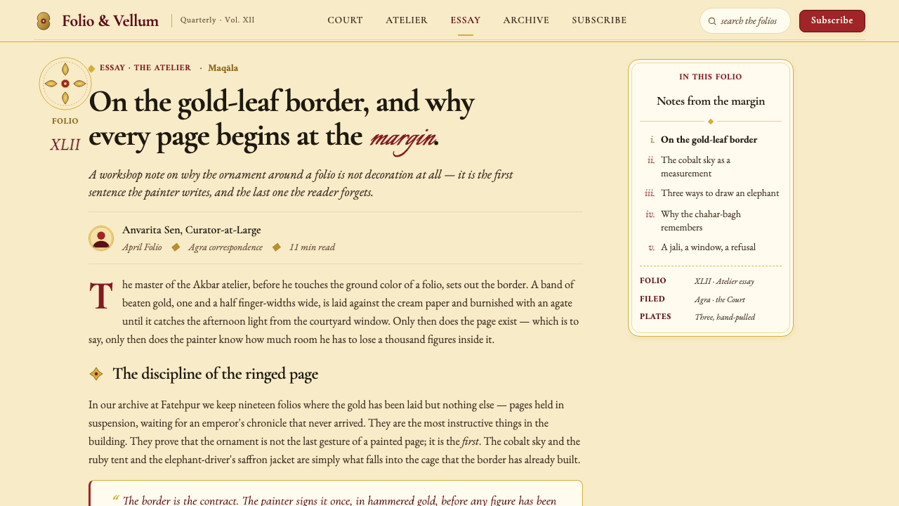 Mughal Miniature (Akbar era) design style applied to a Article page