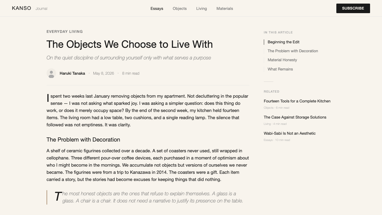 MUJI design style applied to a Article page