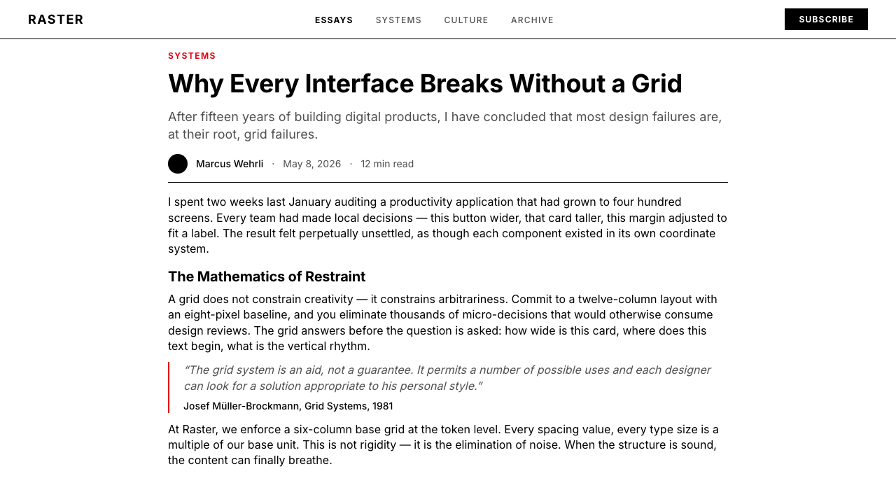 Müller-Brockmann Grid design style applied to a Article page