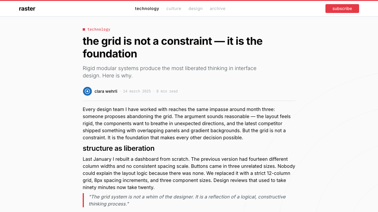 Müller-Brockmann Swiss design style applied to a Article page