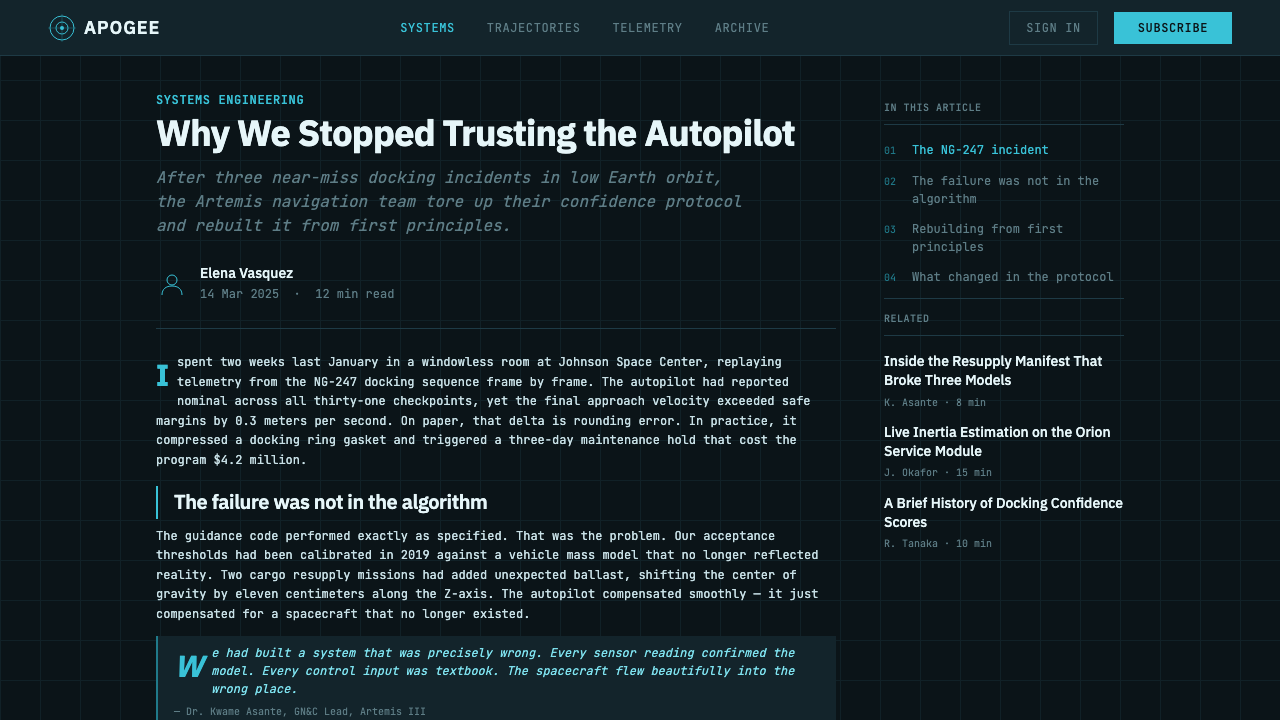 Spacecraft Schematic design style applied to a Article page