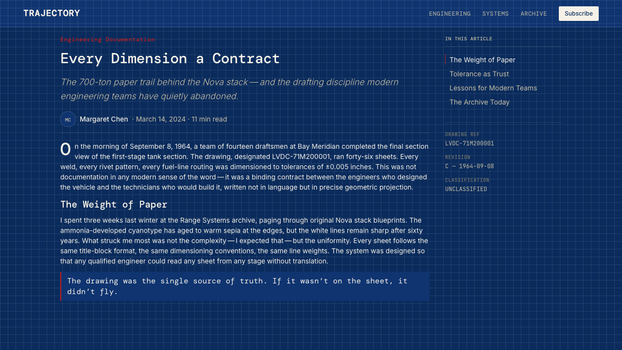 NASA Saturn V Blueprint design style applied to a Article page