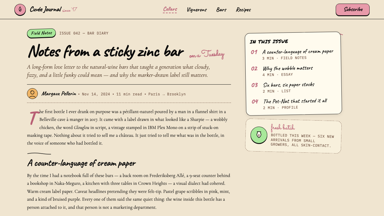 Natural Wine Low-Fi design style applied to a Article page
