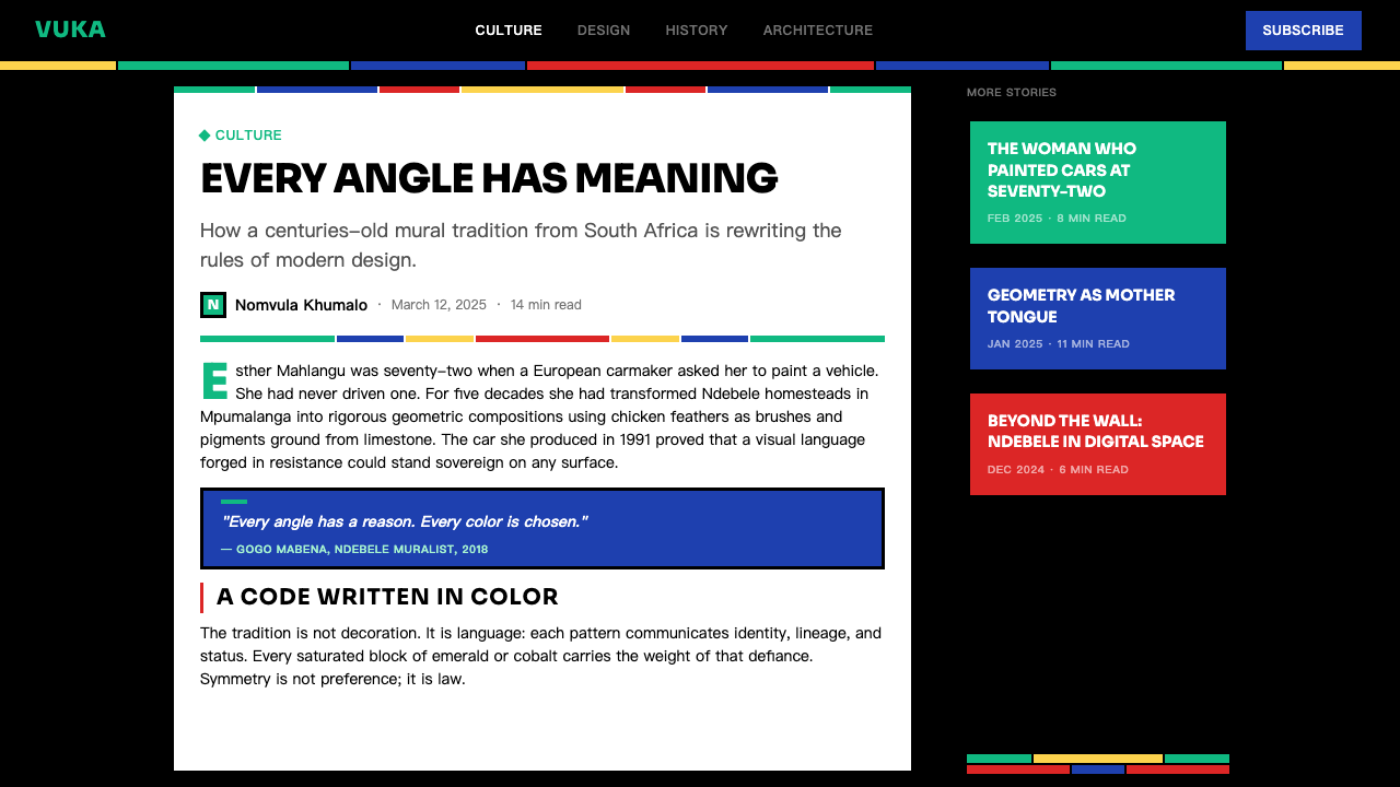Ndebele Geometric Mural design style applied to a Article page