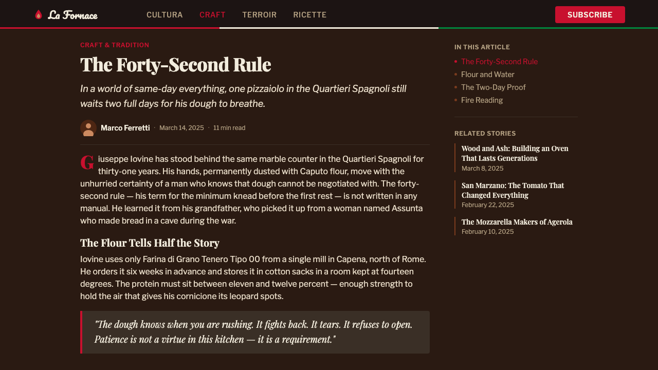 Neapolitan Pizza design style applied to a Article page