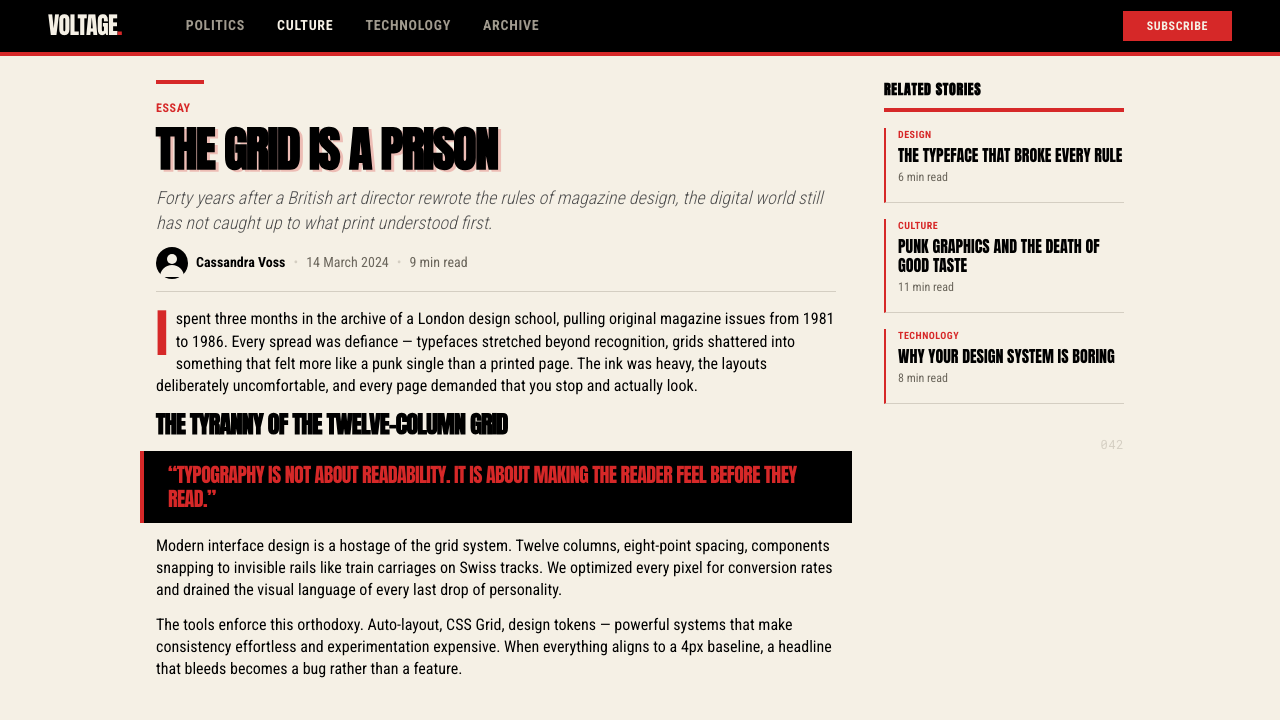 Neville Brody / The Face design style applied to a Article page