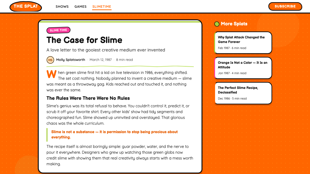 Nickelodeon Orange Splat (1984) design style applied to a Article page