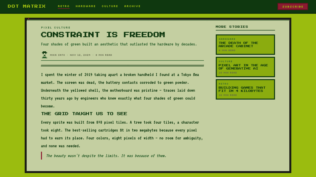 Nintendo Game Boy design style applied to a Article page
