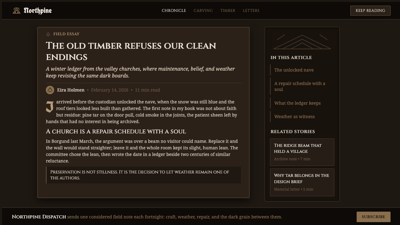 Norwegian Stave Church design style applied to a Article page