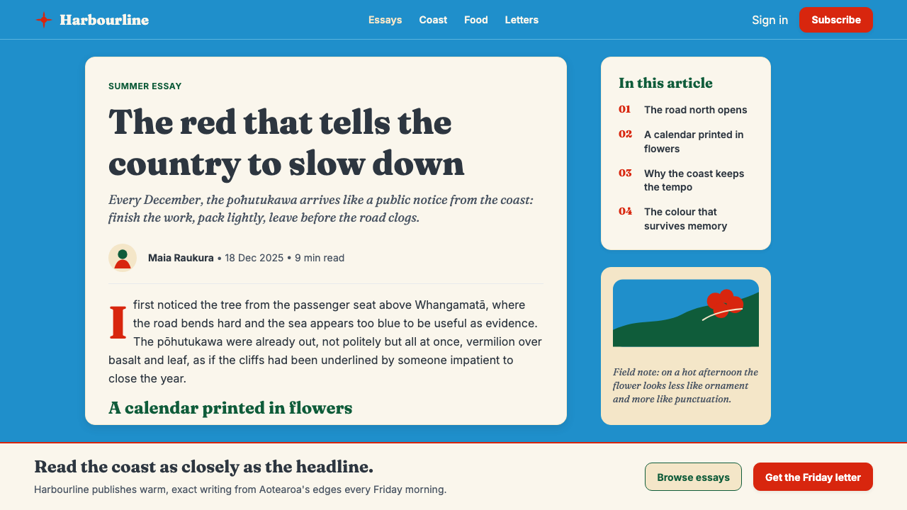NZ Pōhutukawa Summer design style applied to a Article page