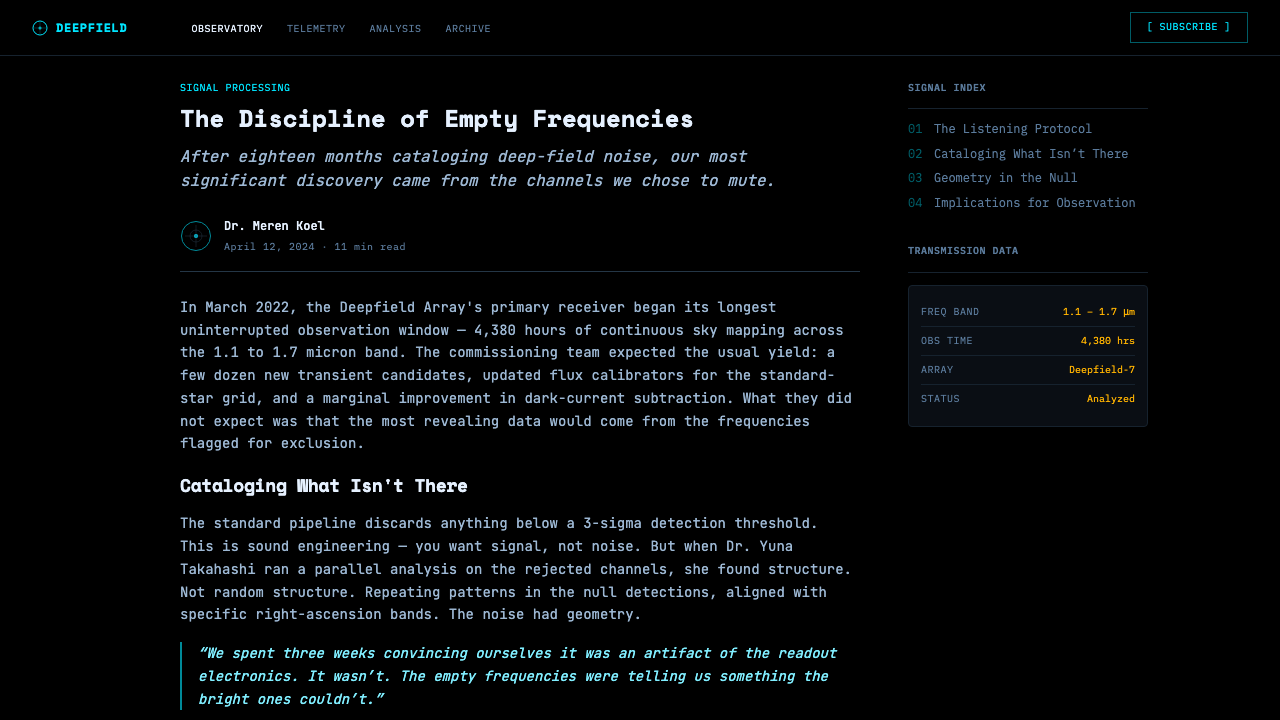 Deep Space Observatory design style applied to a Article page
