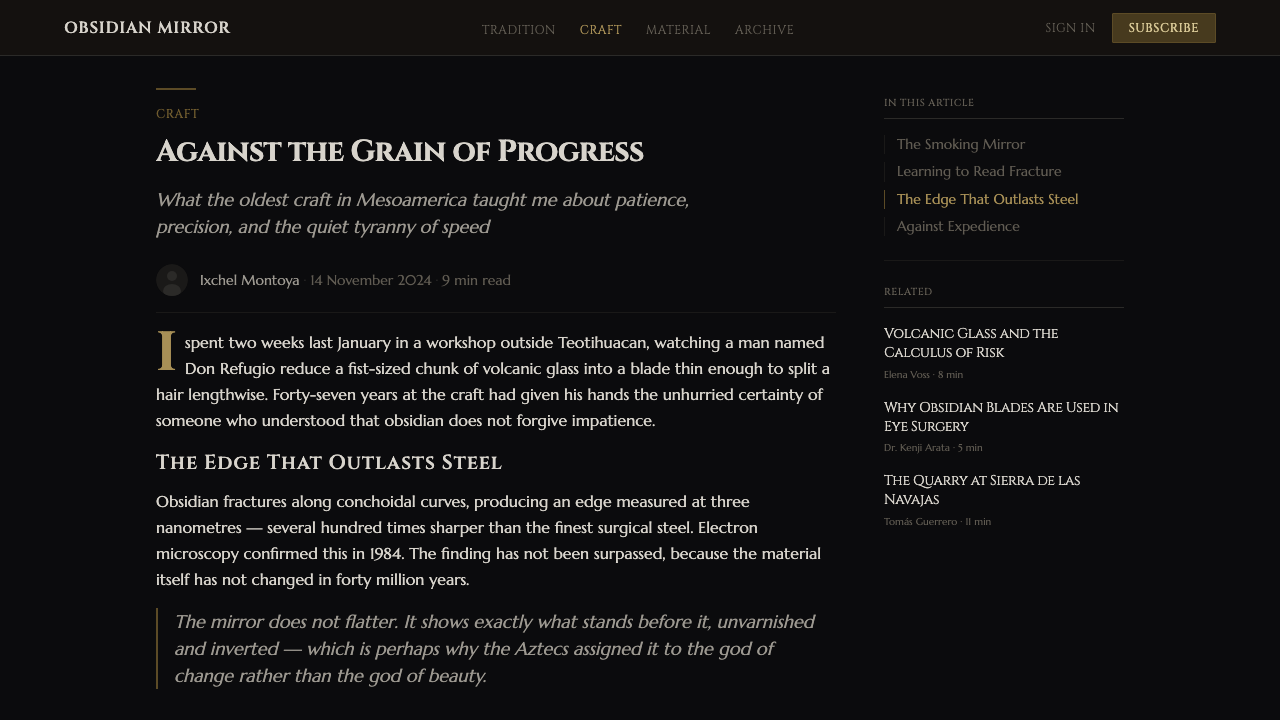 Obsidian Volcanic Glass design style applied to a Article page