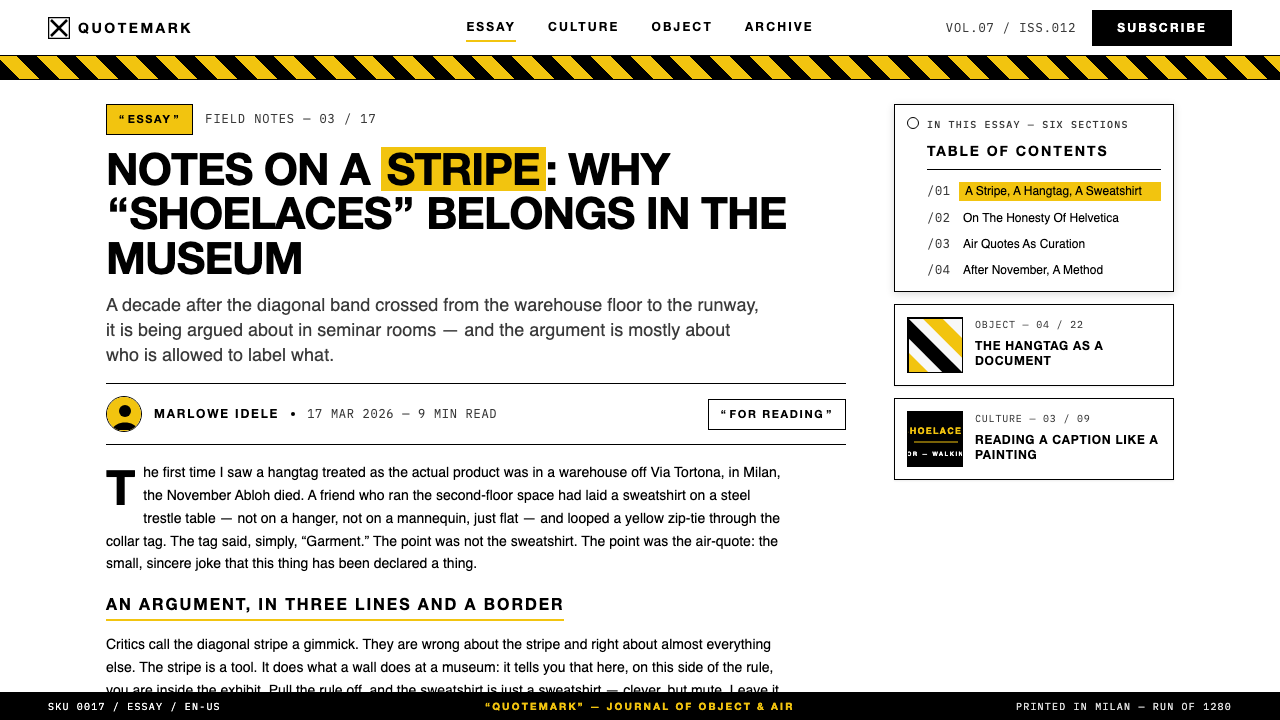 Off-White (Virgil Abloh era) design style applied to a Article page