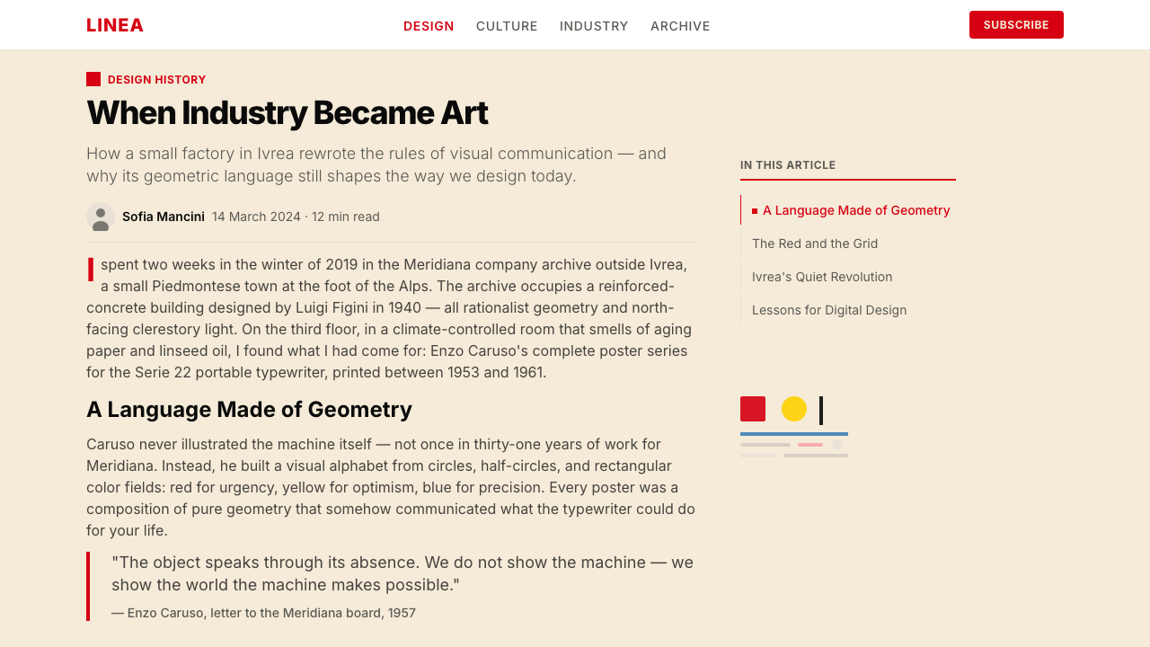 Olivetti Pintori (1955) design style applied to a Article page