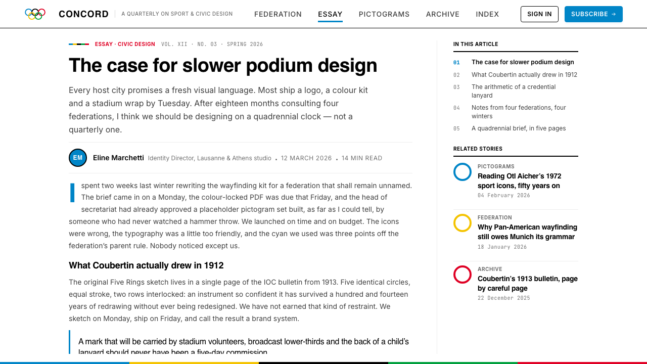 Olympics Five Rings (1912) design style applied to a Article page