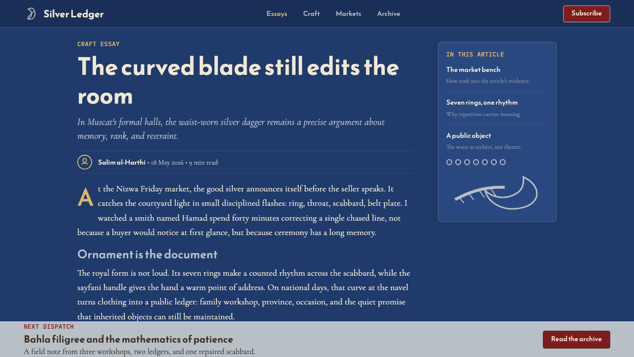 Omani Khanjar Silver Dagger design style applied to a Article page