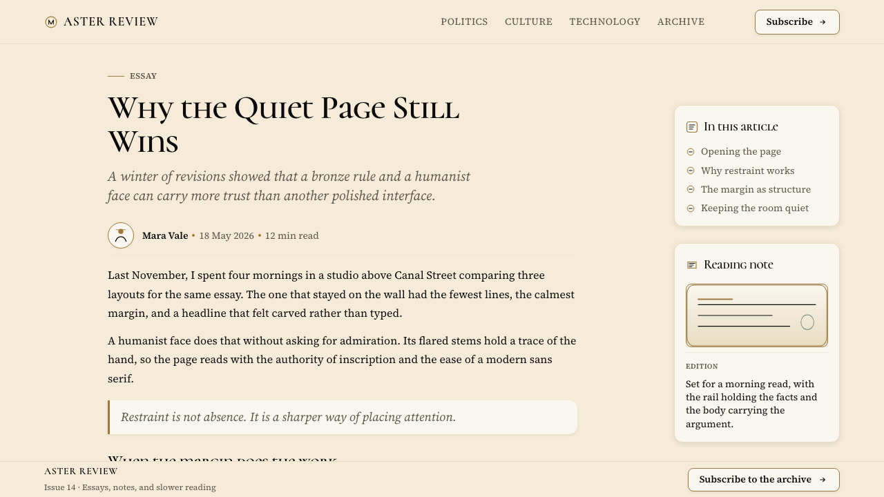 Optima (Hermann Zapf, 1958) design style applied to a Article page