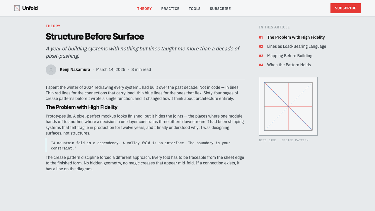 Origami Crease Pattern design style applied to a Article page