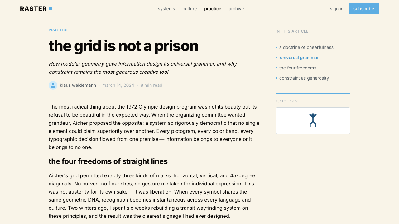 Otl Aicher Munich Olympics design style applied to a Article page