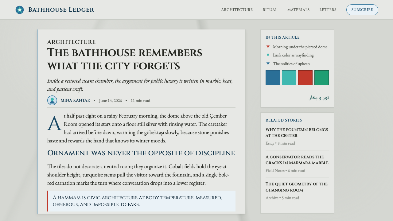 Ottoman Hammam design style applied to a Article page