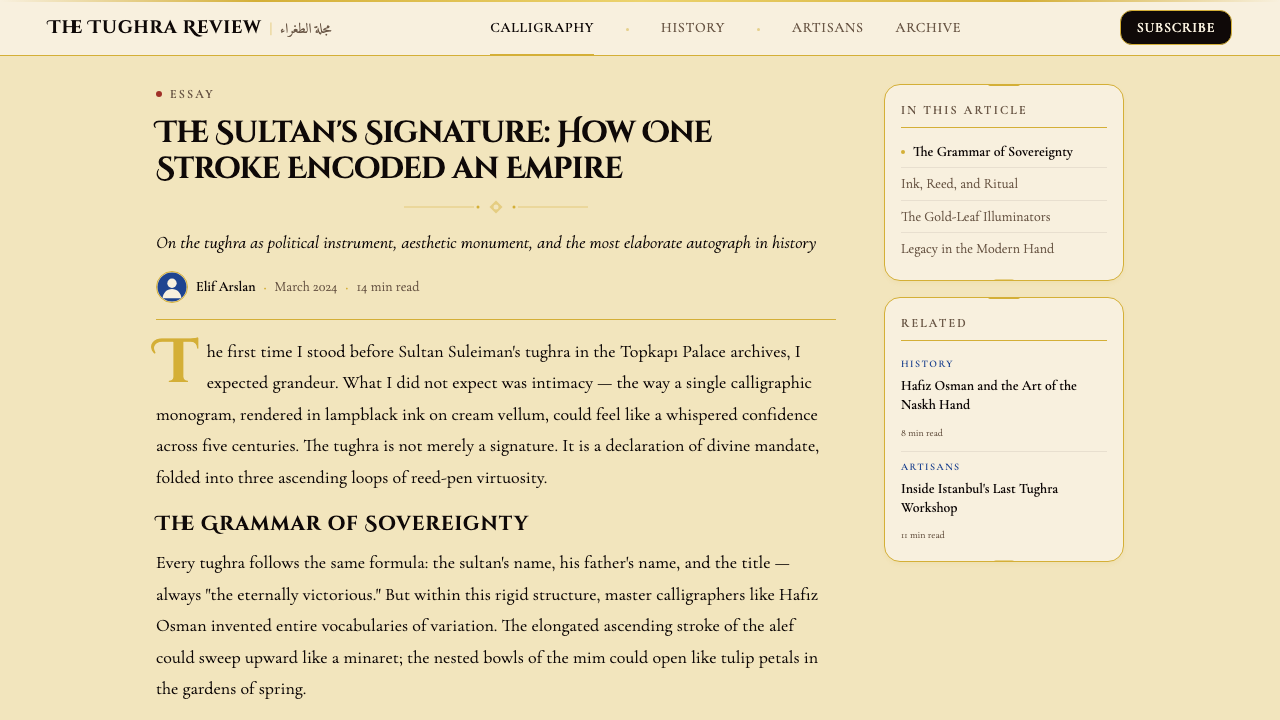 Ottoman Tughra Calligraphy design style applied to a Article page