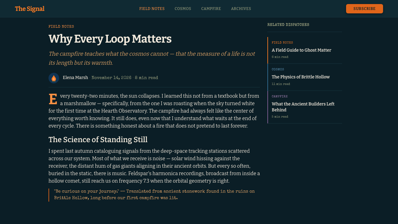 Outer Wilds design style applied to a Article page
