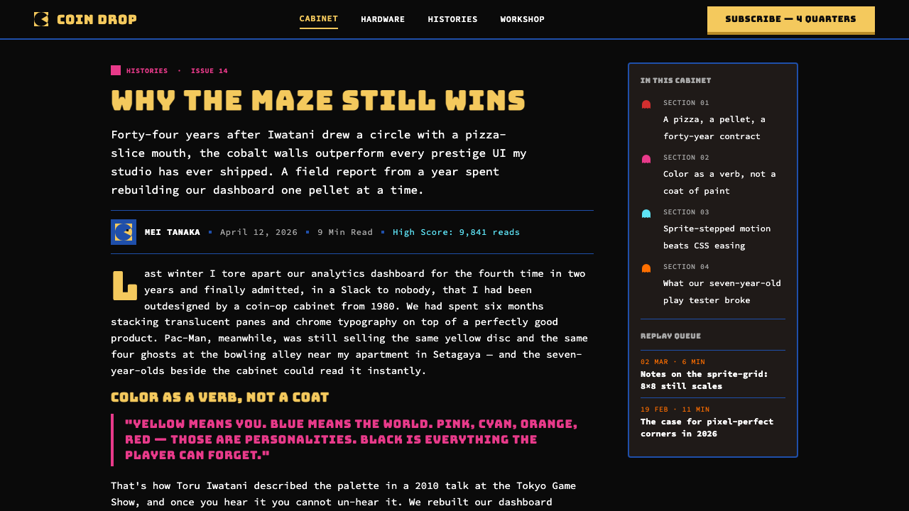Pac-Man (Namco 1980) design style applied to a Article page
