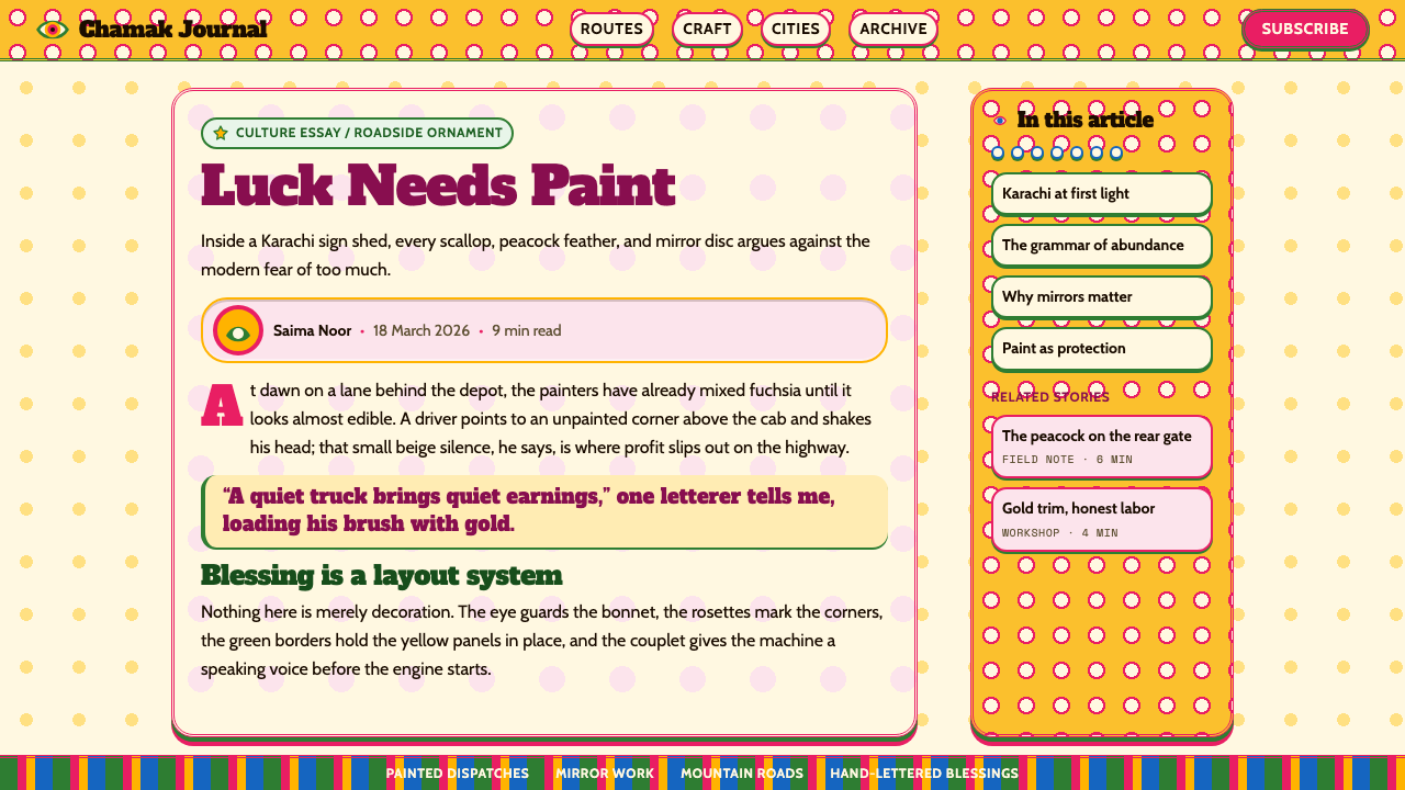 Pakistani Truck Art design style applied to a Article page