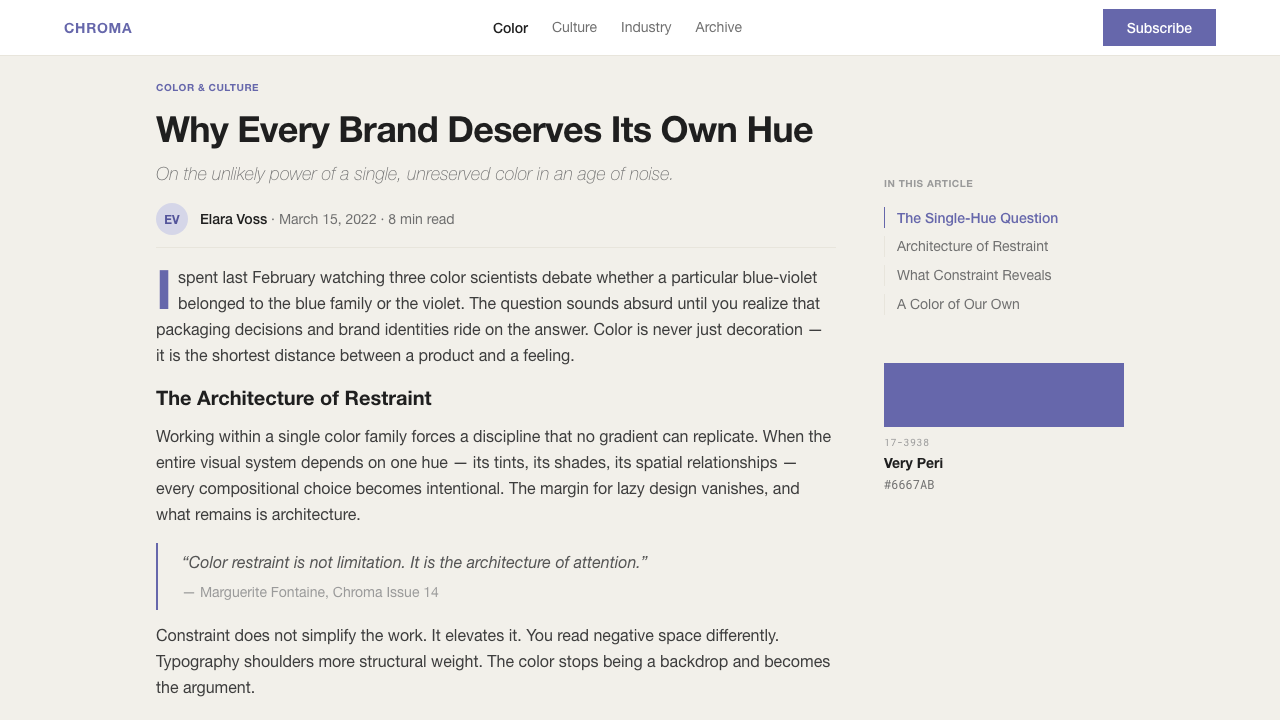 Pantone Very Peri (2022) design style applied to a Article page
