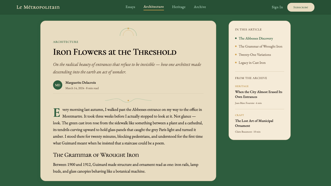 Paris Metro Guimard (1900) design style applied to a Article page