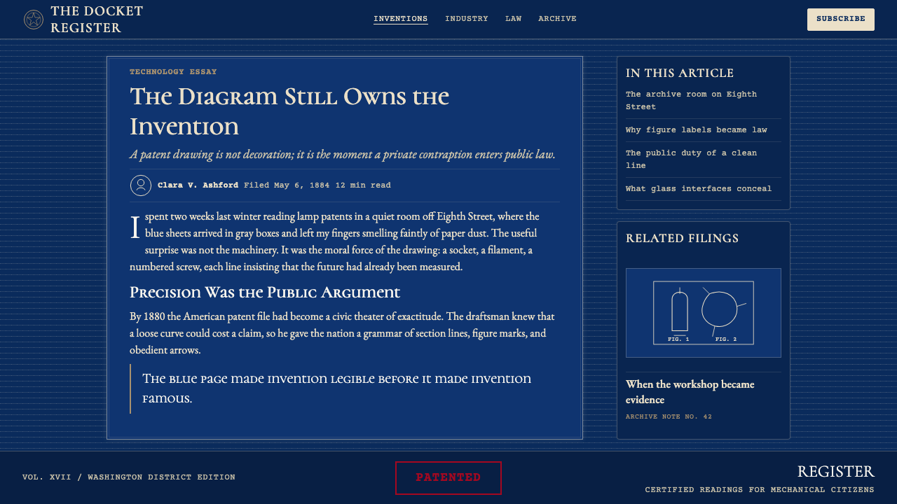 Patent Cyanotype Drawing (1880) design style applied to a Article page