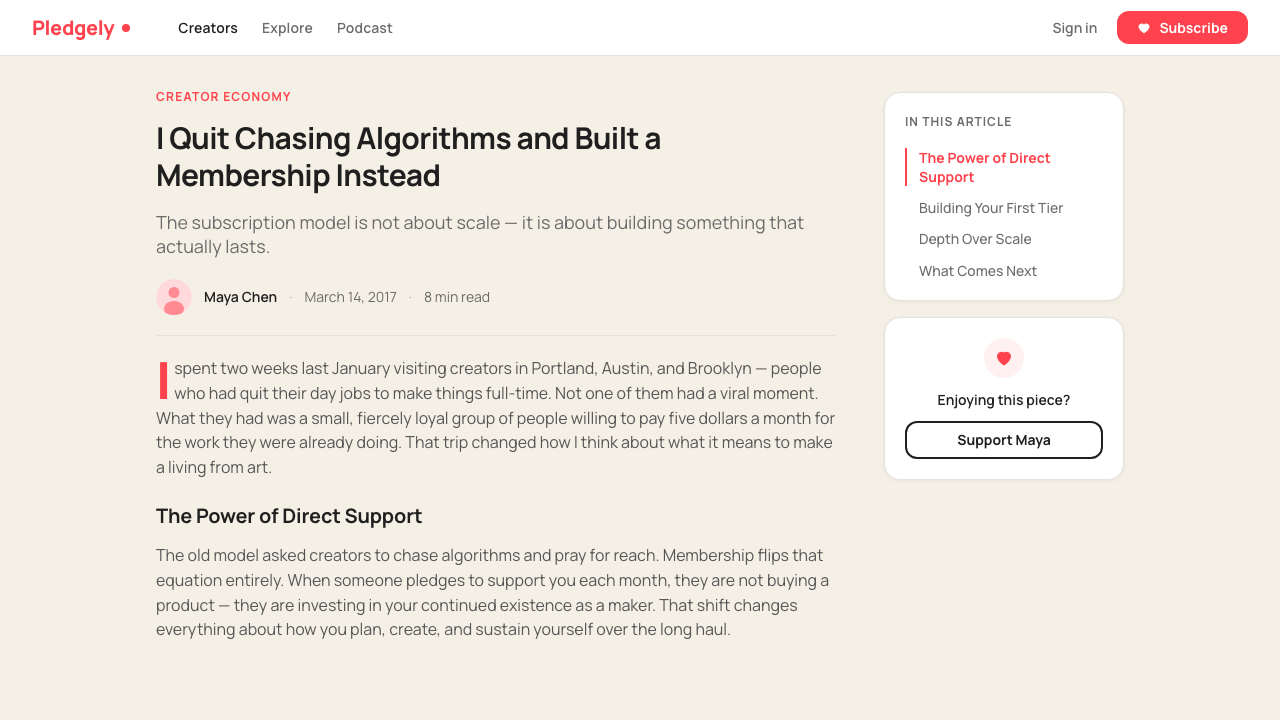 Patreon 2017 design style applied to a Article page