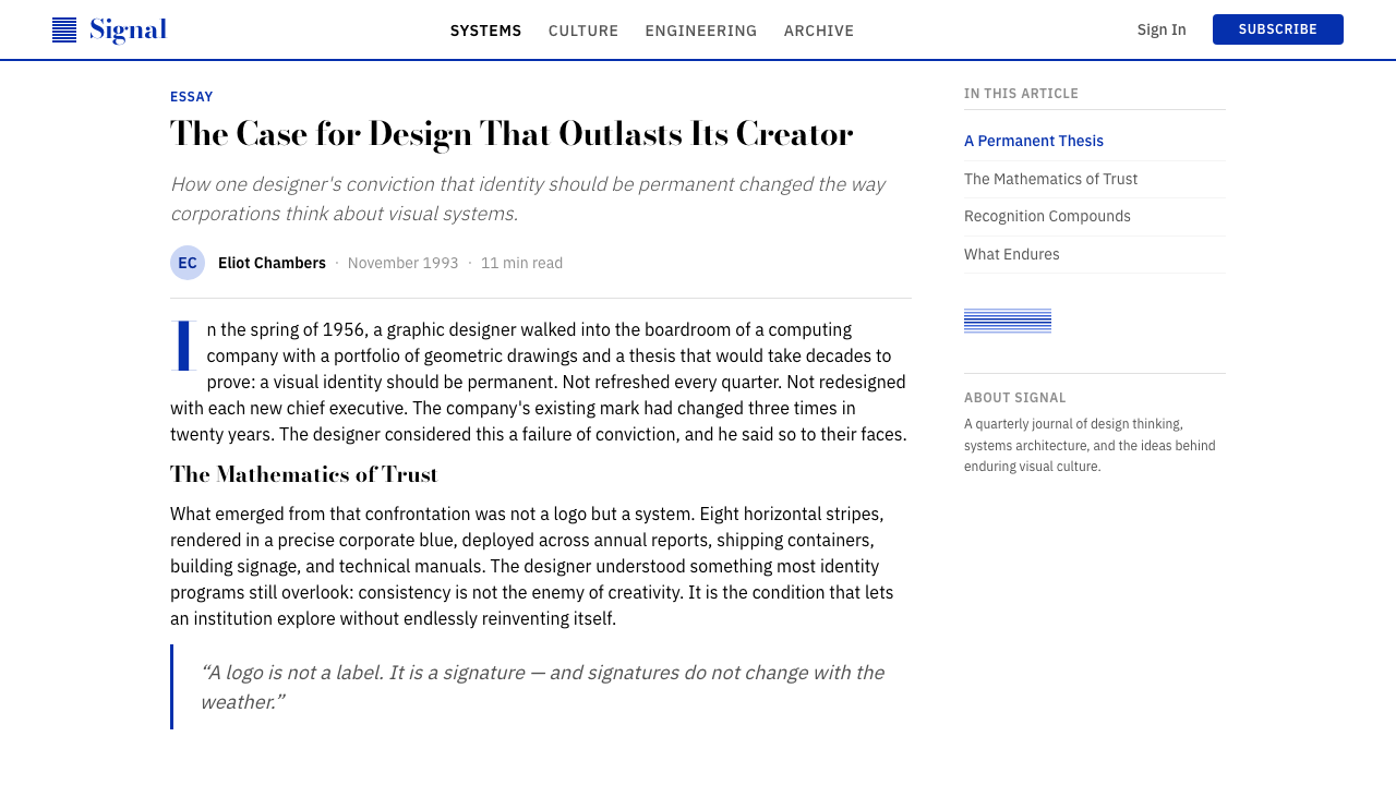 Paul Rand / IBM Corporate Identity design style applied to a Article page