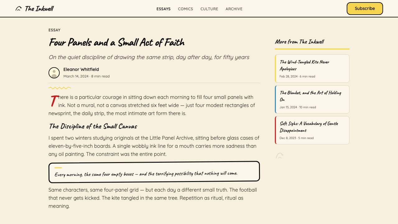 Peanuts Comic Schulz (1950) design style applied to a Article page